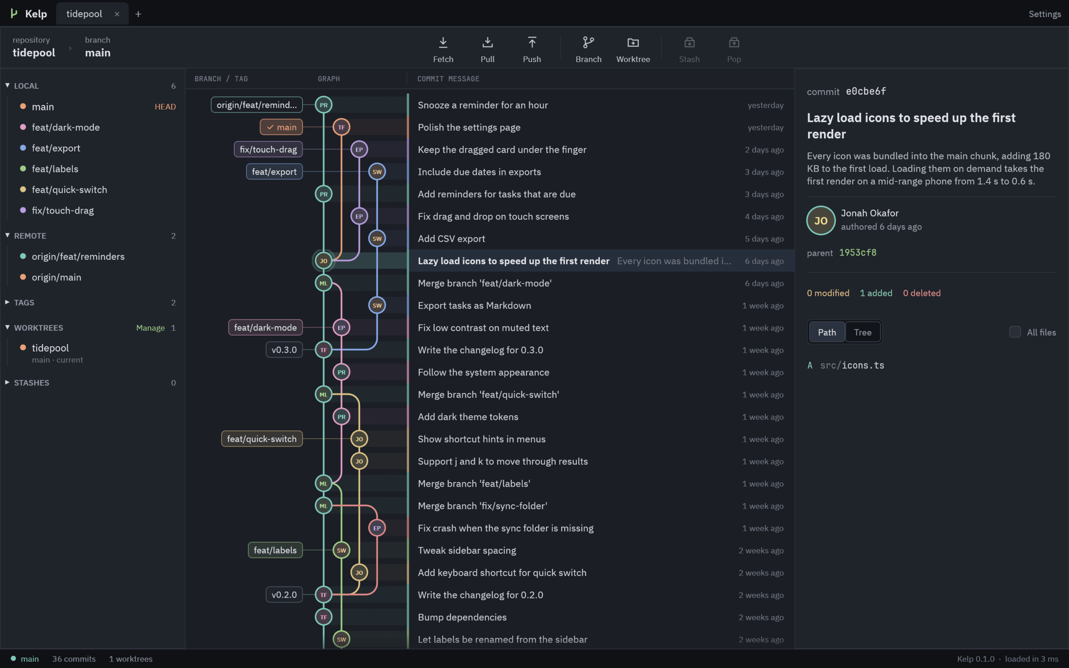 Kelp showing a project's commit graph: colored lanes for feature branches with rounded merges, author avatars, branch and tag labels and the details of a selected commit