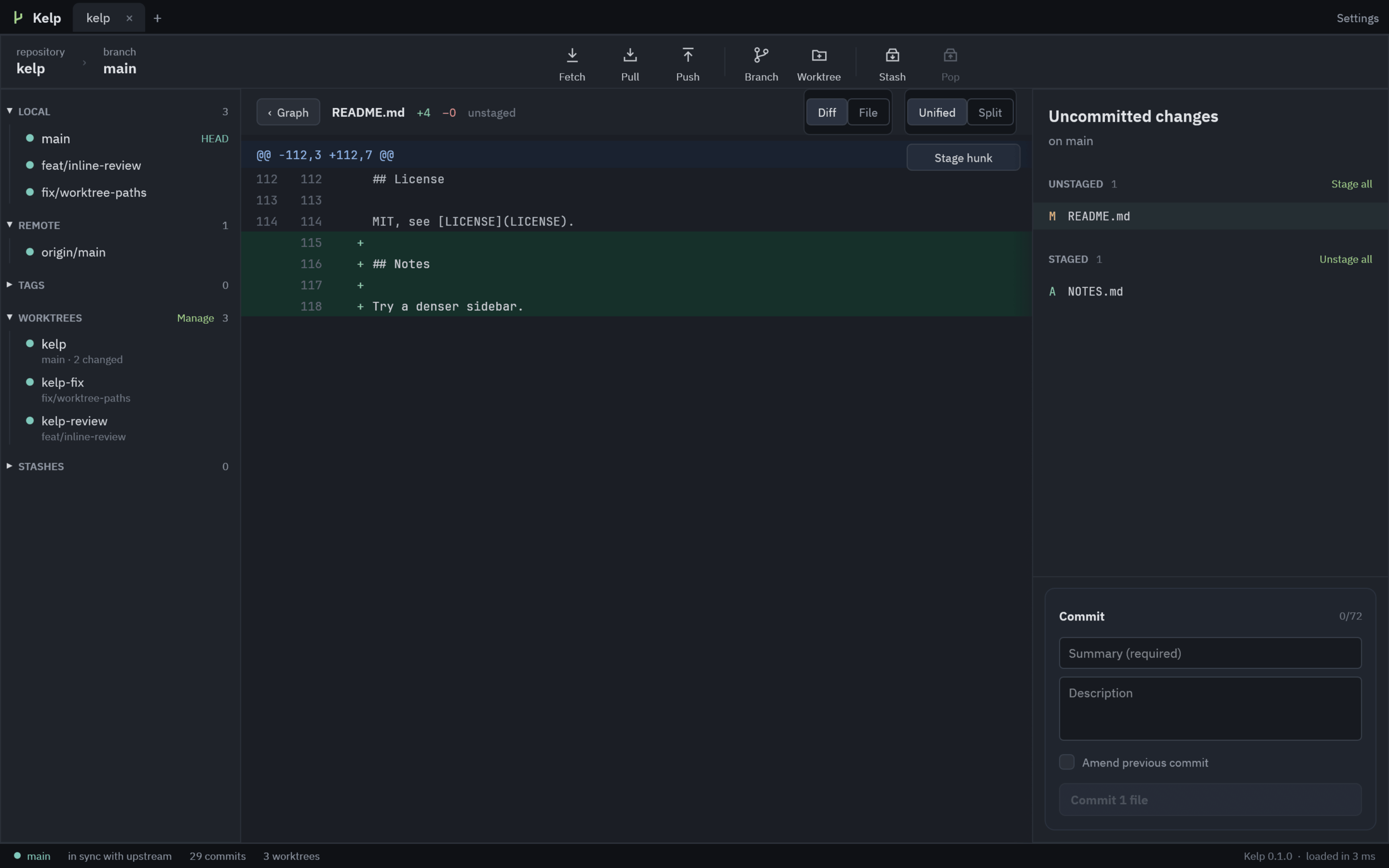 Kelp's staging panel with unstaged and staged files and a commit box