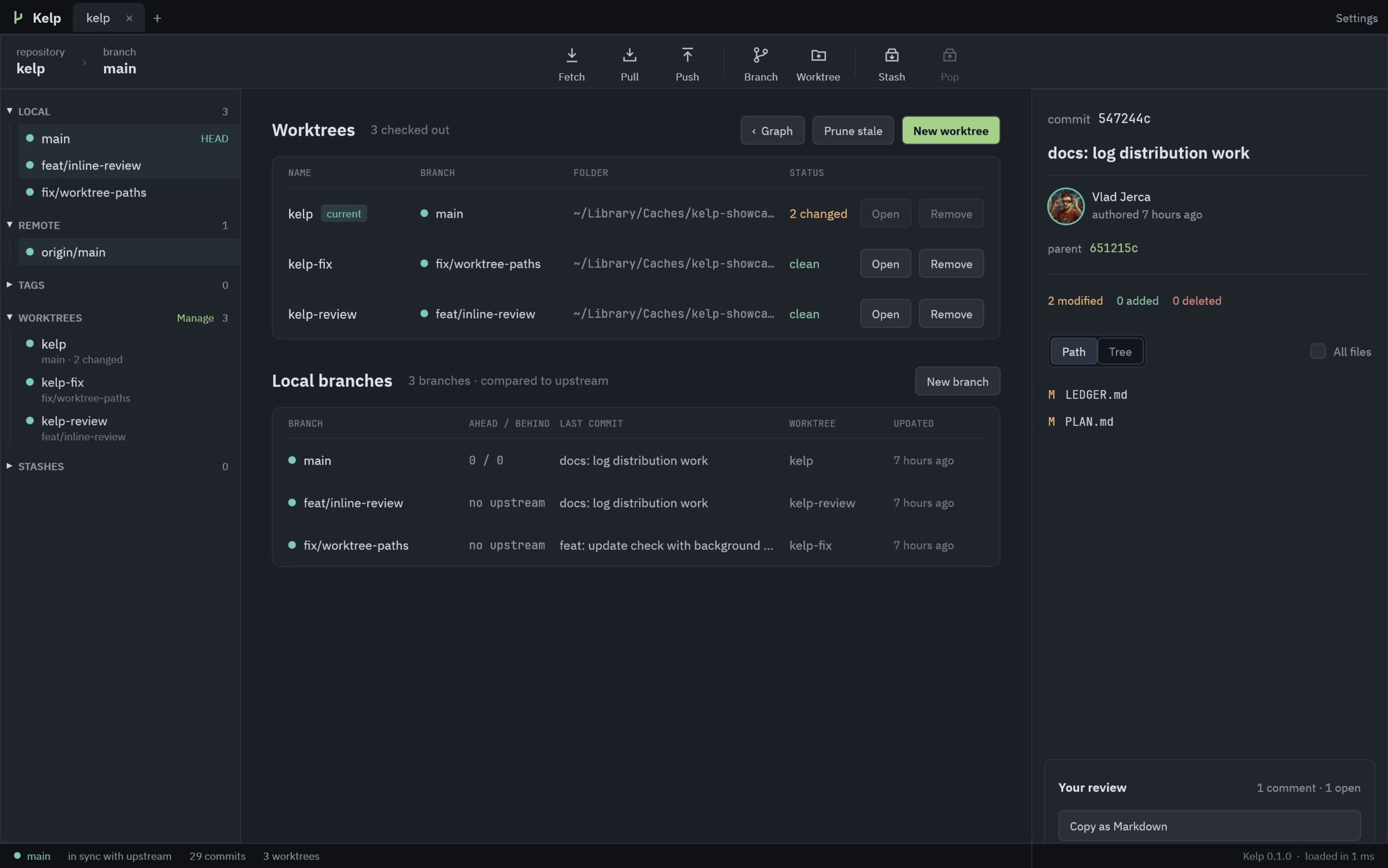 Kelp's worktrees page listing worktrees and local branches